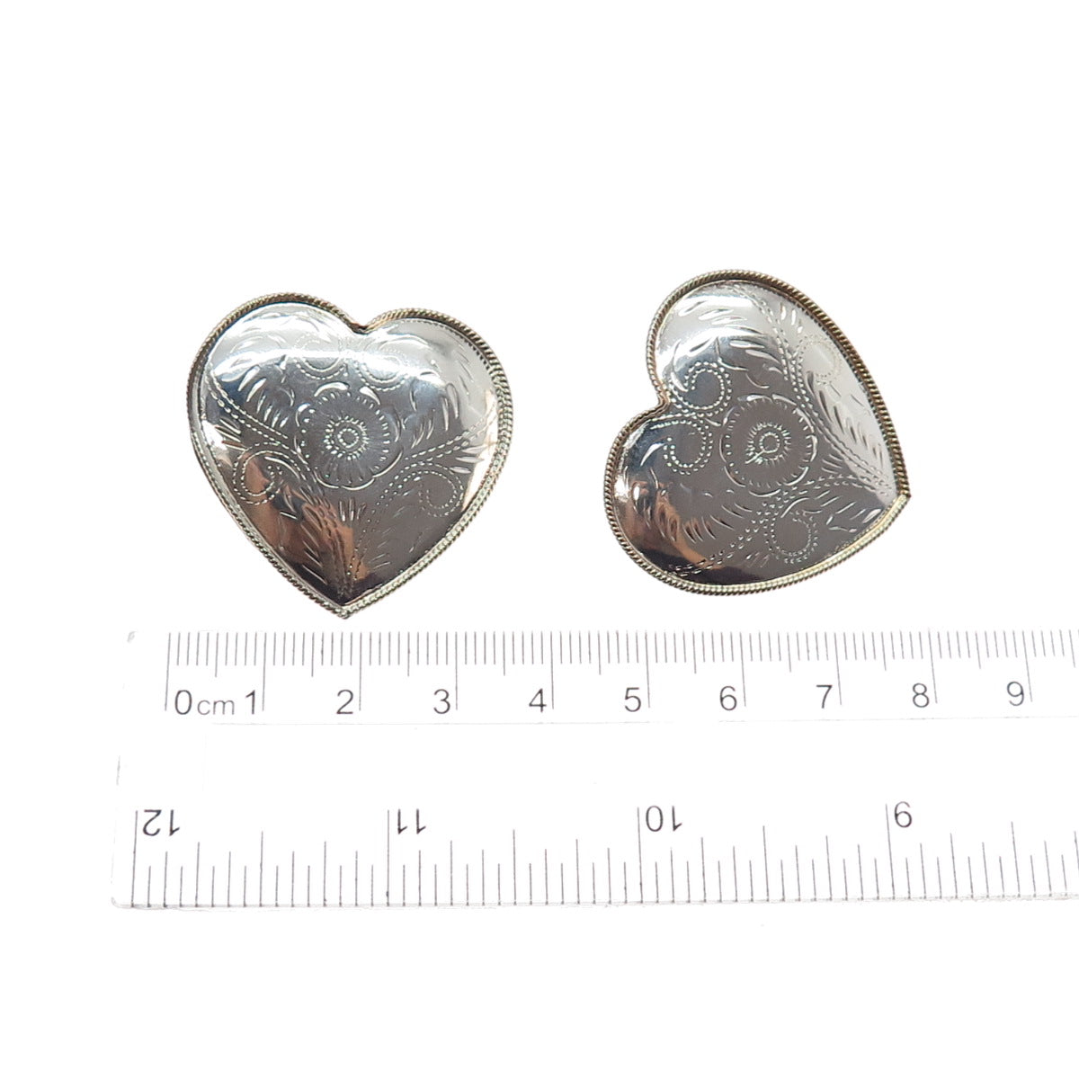 925 Sterling Silver 2-Tone Vintage Engraved Flower Heart Earrings