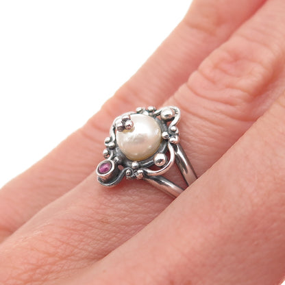 Boma 925 Sterling Silver Vintage Real Pearl & Amethyst Oxidized Ring Size 5