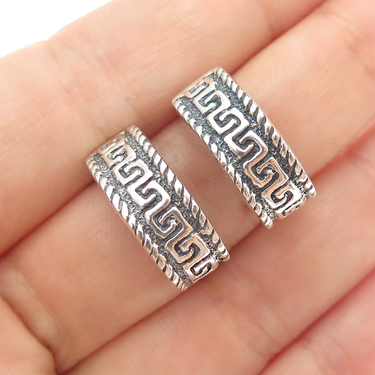 925 Sterling Silver Vintage Modernist Maze Oxidized Half Hoop Earrings