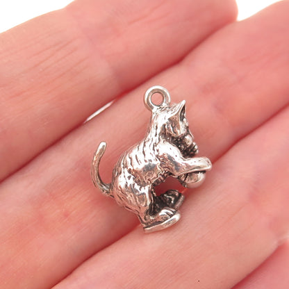 Sunwest 925 Sterling Silver Vintage Playing Cat & Ball Oxidized 3D Charm Pendant