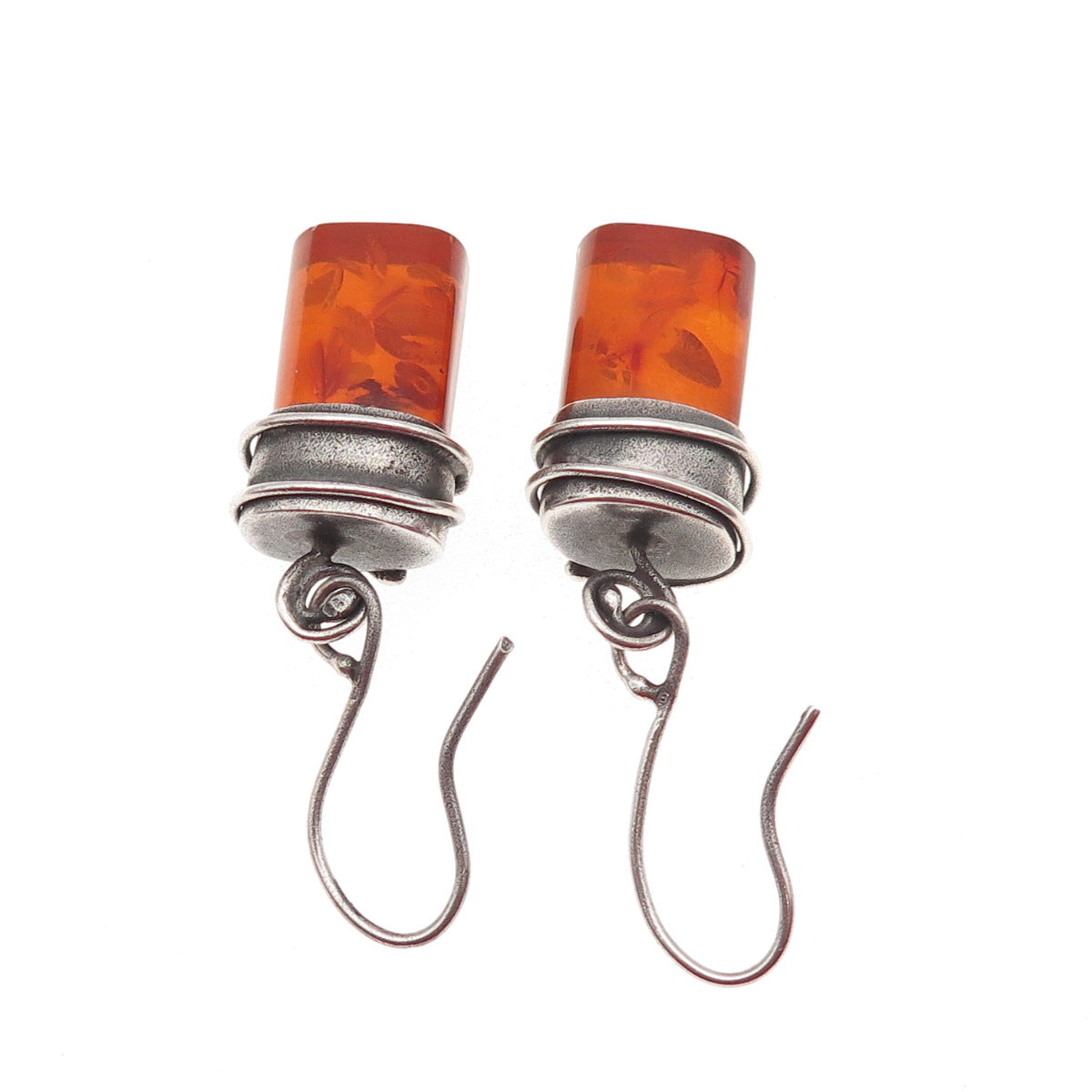 900 Silver Vintage Czechia Real Amber Modernist Oxidized Dangle Earrings
