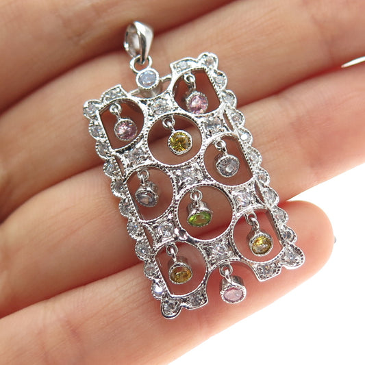 925 Sterling Silver Vintage Round-Cut Multi-Color C Z Dangle Beads Pendant