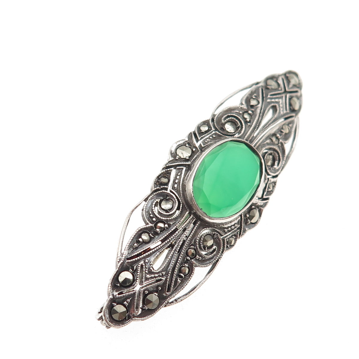 925 Sterling Silver Antique Art Deco Germany Green Onyx & Marcasite Pin Brooch