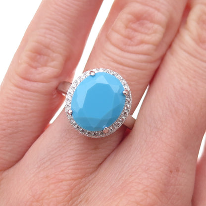 925 Sterling Silver Real Sleeping Beauty Turquoise & C Z Ring Size 5.5