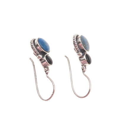 925 Sterling Silver Vintage Real Lapis & Black Onyx Drop Earrings