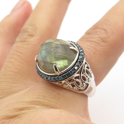 925 Sterling Silver Real Fancy Blue Diamond & Labradorite Statement Ring Size 6