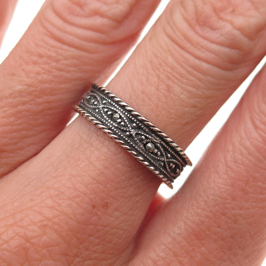 925 Sterling Silver Vintage Real Marcasite Oxidized Band Ring Size 6.75