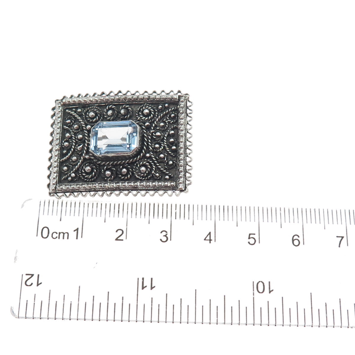 925 Sterling Silver Vintage Jerusalem Israel Real Blue Topaz Oxidized Pin Brooch