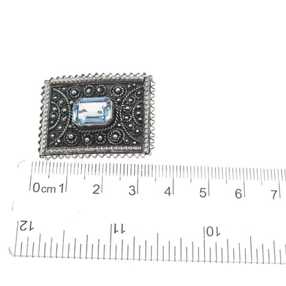 925 Sterling Silver Vintage Jerusalem Israel Real Blue Topaz Oxidized Pin Brooch