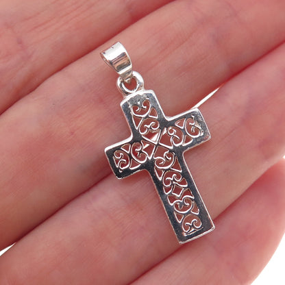 925 Sterling Silver Vintage Heart Ornate Cross Charm Pendant