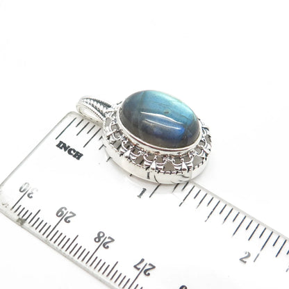 925 Sterling Silver Vintage Real Cabochon Labradorite Gem Swirl Oval Pendant