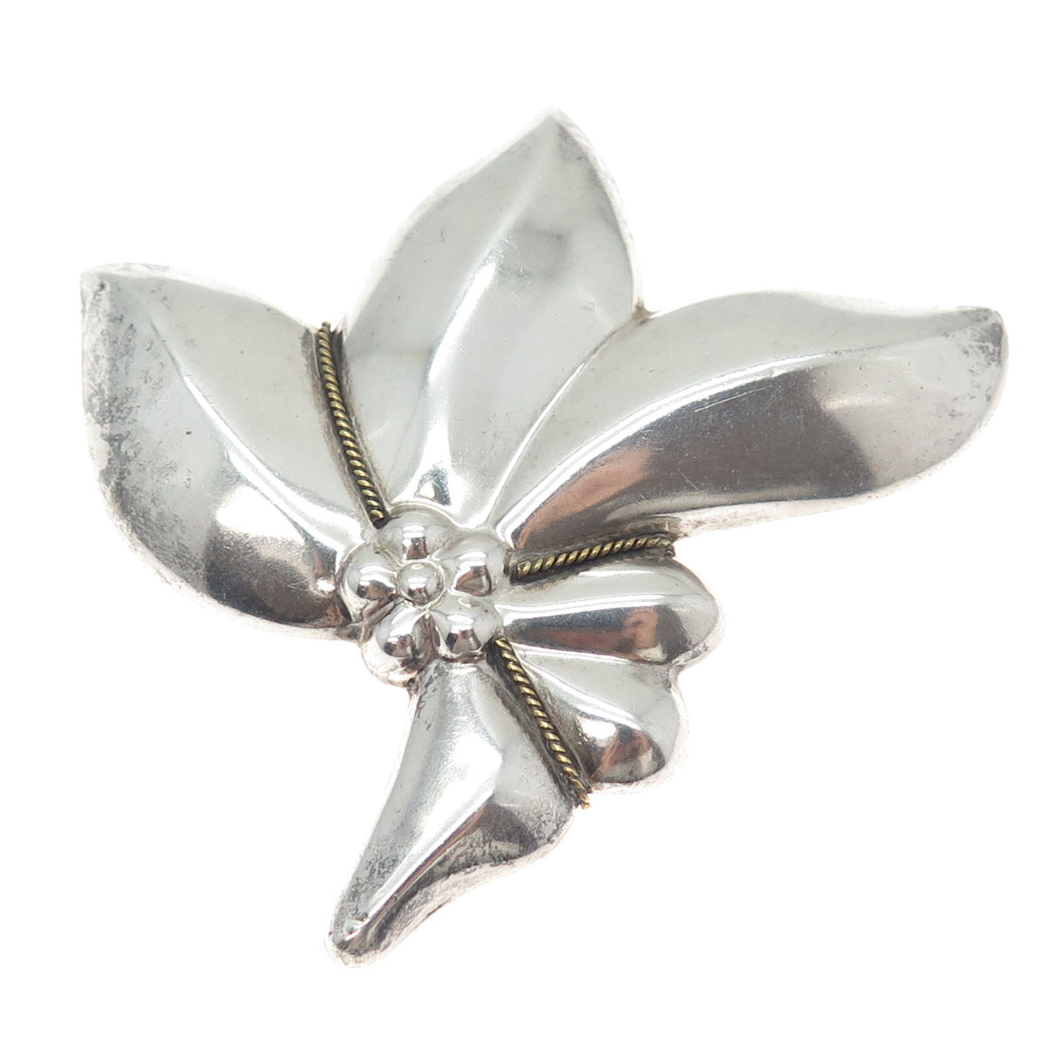 LATON 925 Sterling Silver 2-Tone Vintage Mexico Modernist Flower Pin Brooch