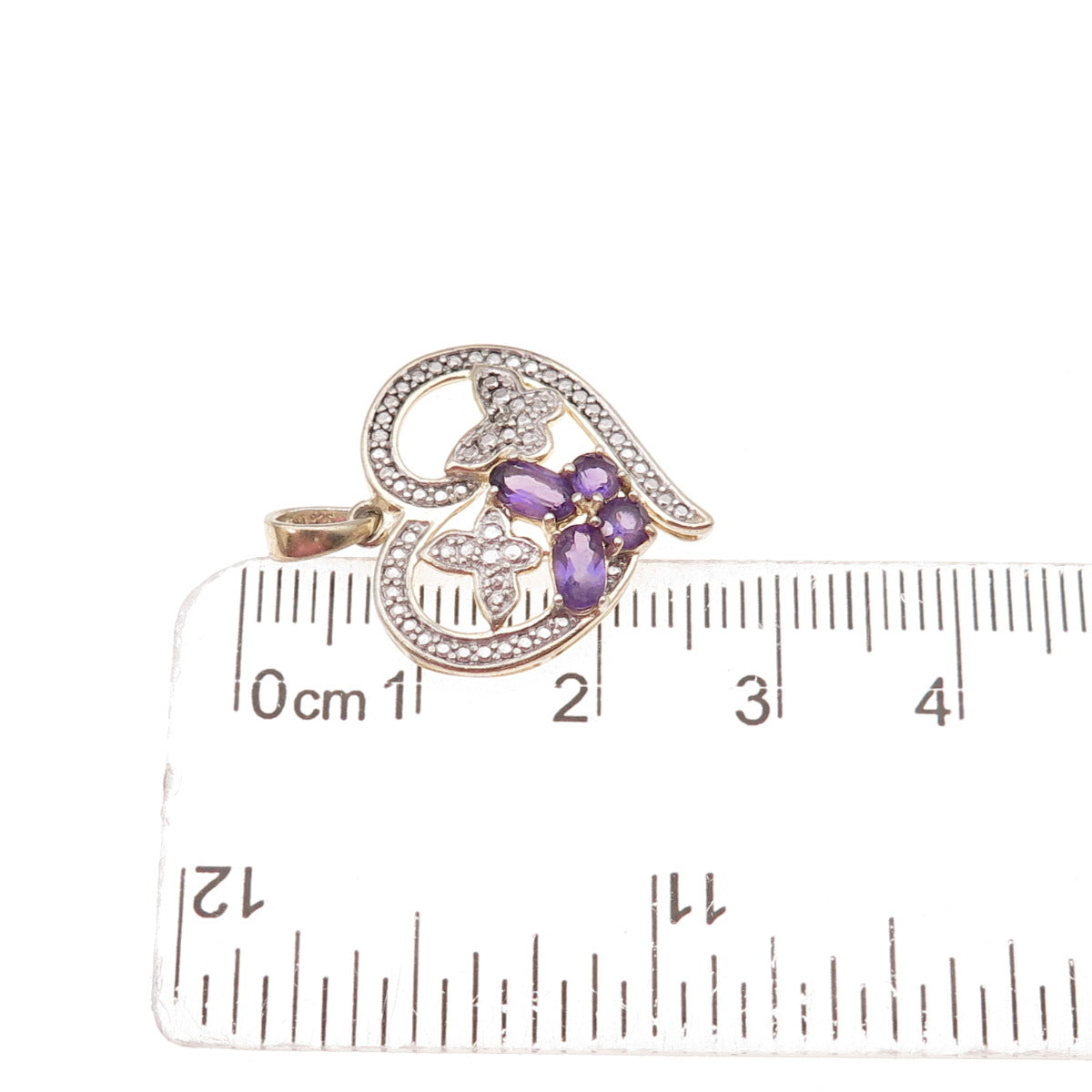 925 Sterling Silver Real Diamond Accent & Amethyst Butterfly Heart Charm Pendant