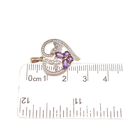 925 Sterling Silver Real Diamond Accent & Amethyst Butterfly Heart Charm Pendant