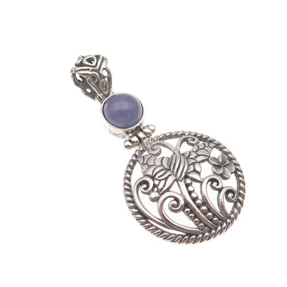925 Sterling Silver Vintage Real Iolite Butterfly Floral Oxidized Charm Pendant