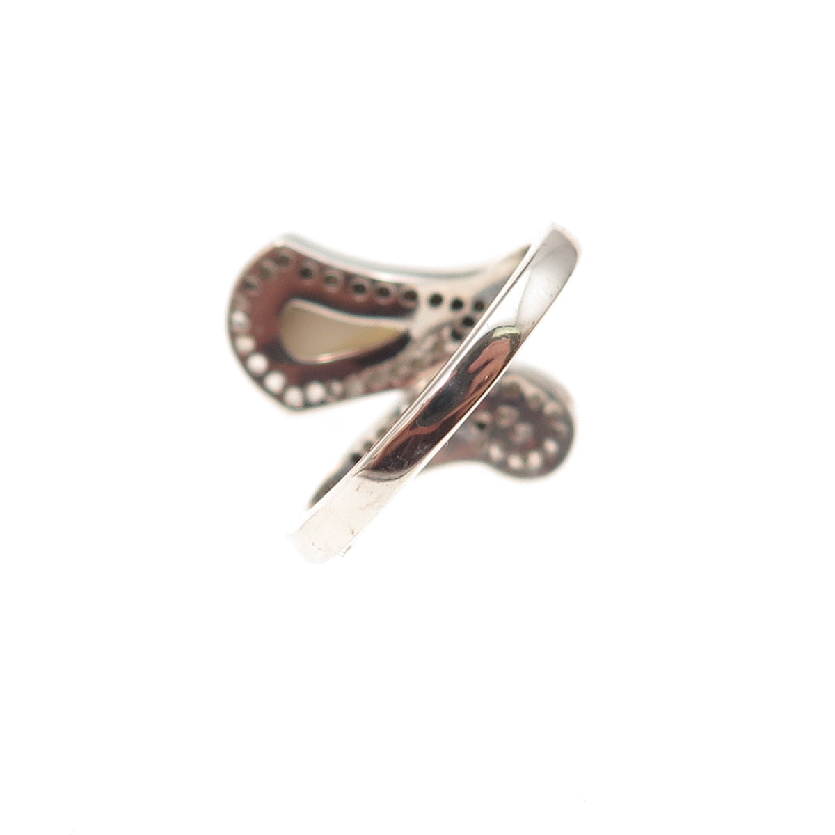 925 Sterling Silver Real MOP & C Z Spiral Bypass Ring Size 6