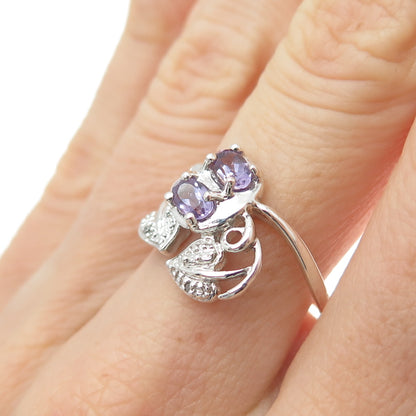 925 Sterling Silver Real Diamond Accent & Amethyst Floral Leaf Ring Size 6.75
