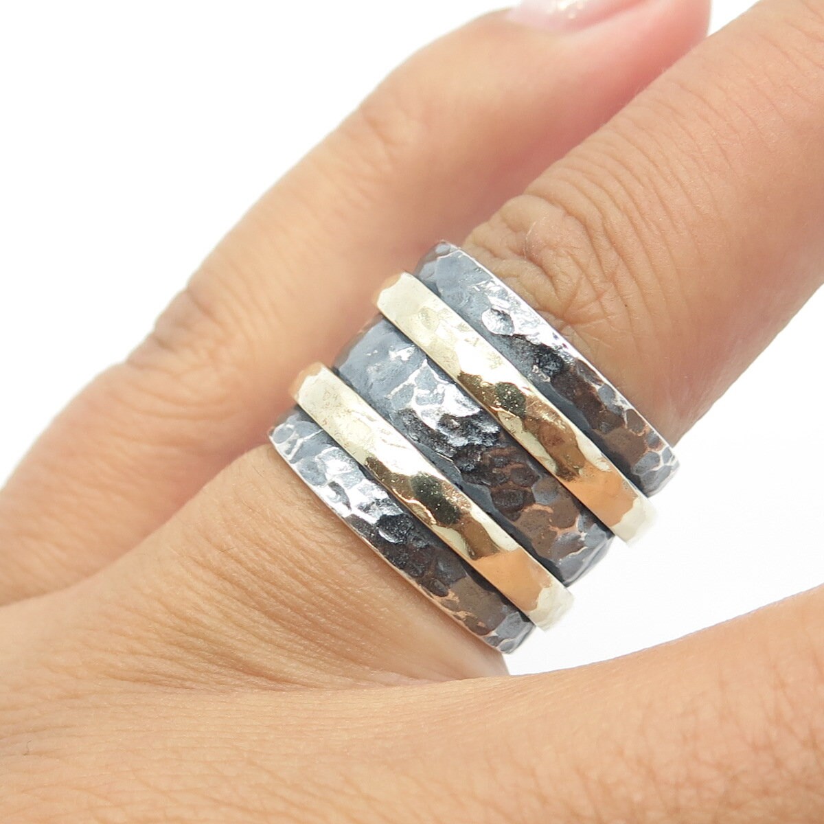 925 Sterling Silver Vintage 2-Tone Oxidized Hammered Rotating Ring Size 6
