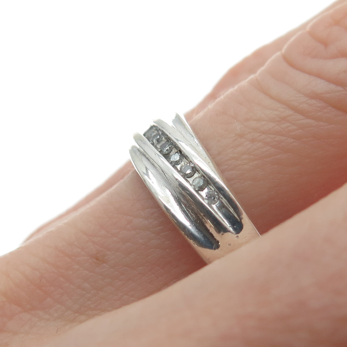 925 Sterling Silver Real Round-Cut Diamond Modernist Ring Size 9.25