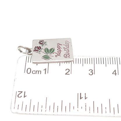 BEAU 925 Sterling Silver Vintage Enamel Happy Birthday Rose Mini Charm Pendant
