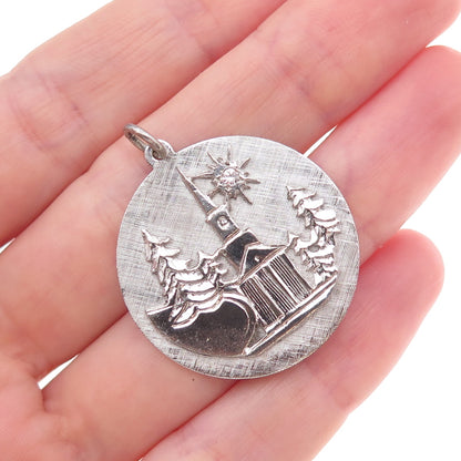 Crown 925 Sterling Silver Vintage Real White Topaz Winter Scene Charm Pendant