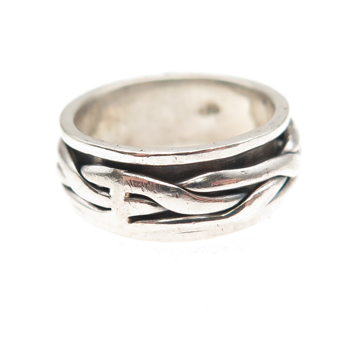 925 Sterling Silver Vintage Woven Oxidized Rotating Band Ring Size 7.5
