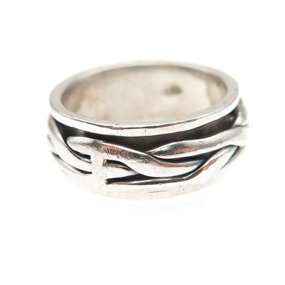 925 Sterling Silver Vintage Woven Oxidized Rotating Band Ring Size 7.5