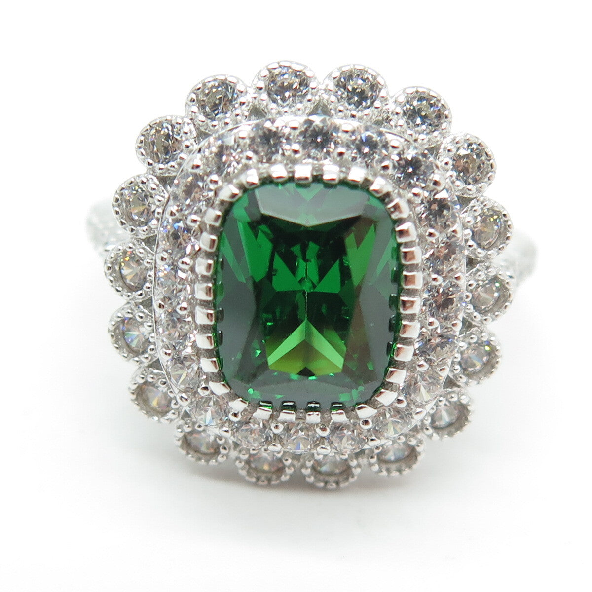 925 Sterling Silver Green Octagon-Cut & White Round-Cut Shaped C Z Ring Size 8