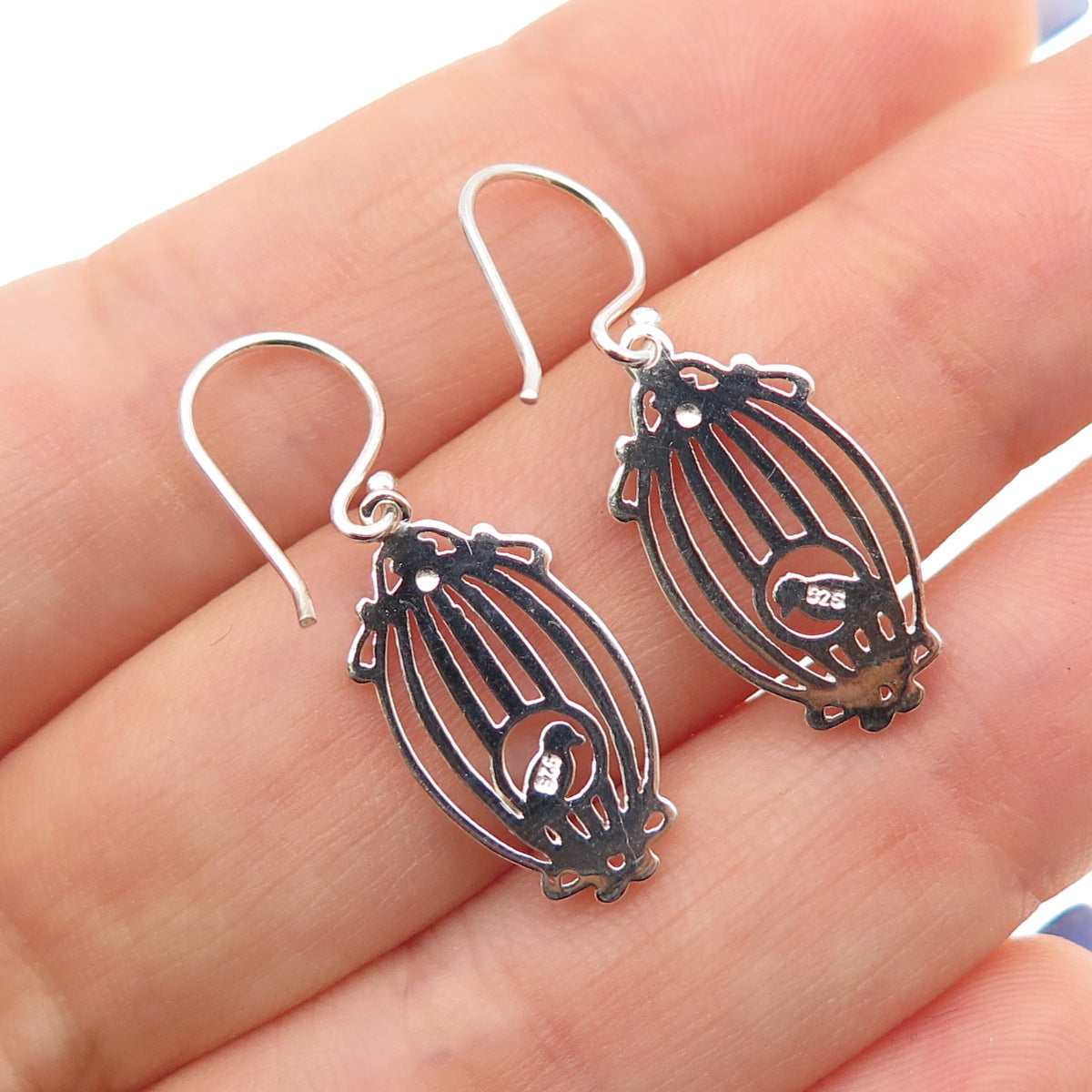 925 Sterling Silver 2-Tone Bird & Cage Dangle Earrings