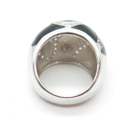 925 Sterling Silver Round-Cut Shaped C Z & Black Enamel Swirl Dome Ring Size 6