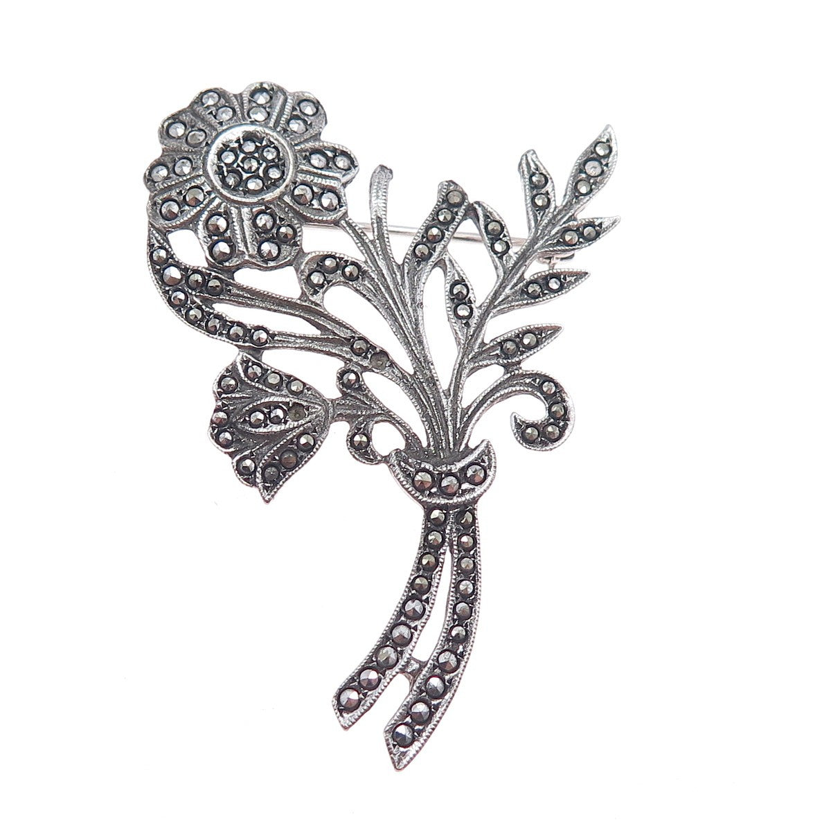 925 Sterling Silver Antique Real Marcasite Flower Pin Brooch (missing 2 stones)