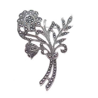 925 Sterling Silver Antique Real Marcasite Flower Pin Brooch (missing 2 stones)