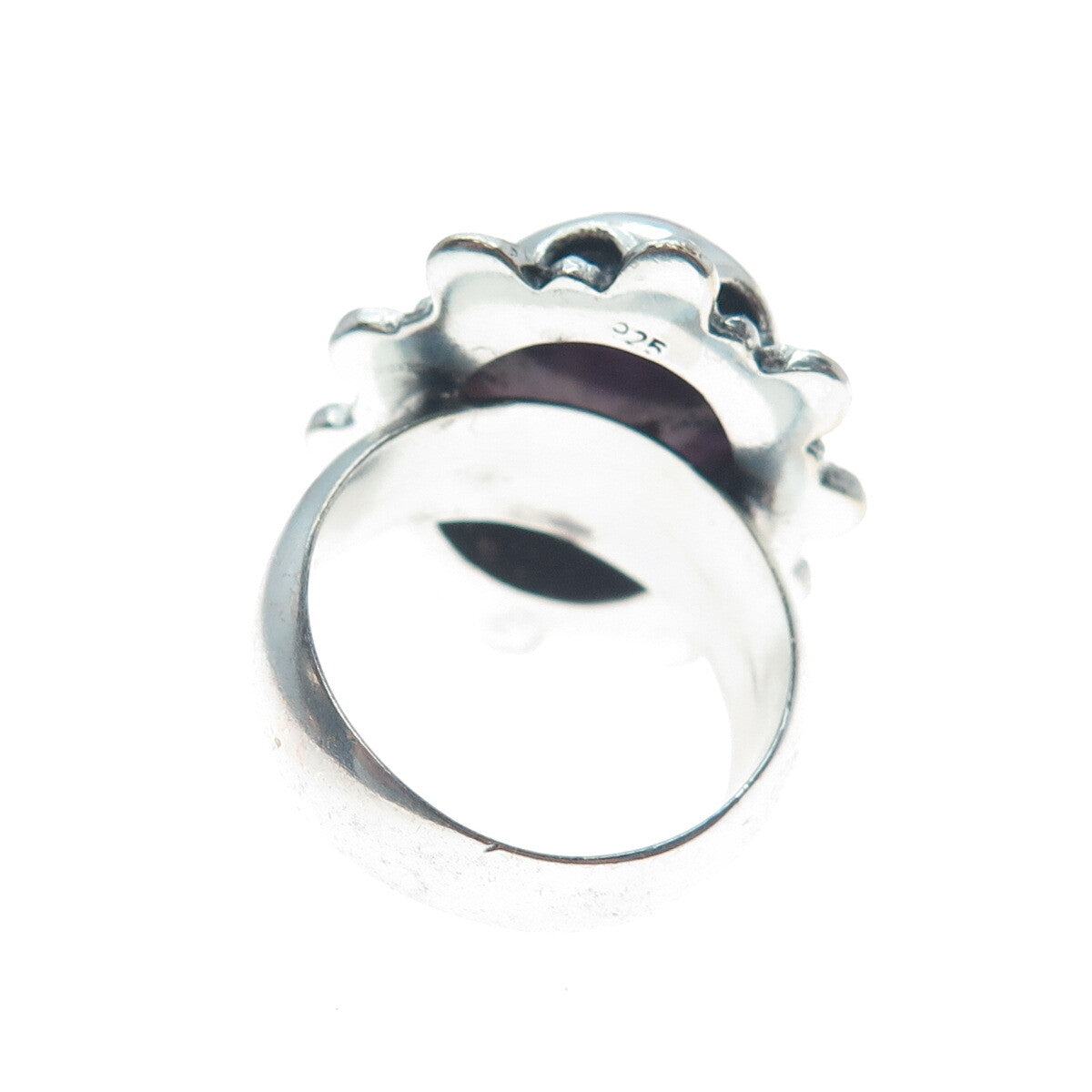 925 Sterling Silver Vintage Real Purple Agate Beaded Oxidized Ring Size 8.5