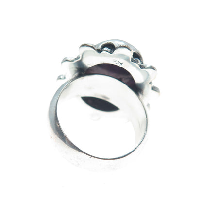 925 Sterling Silver Vintage Real Purple Agate Beaded Oxidized Ring Size 8.5
