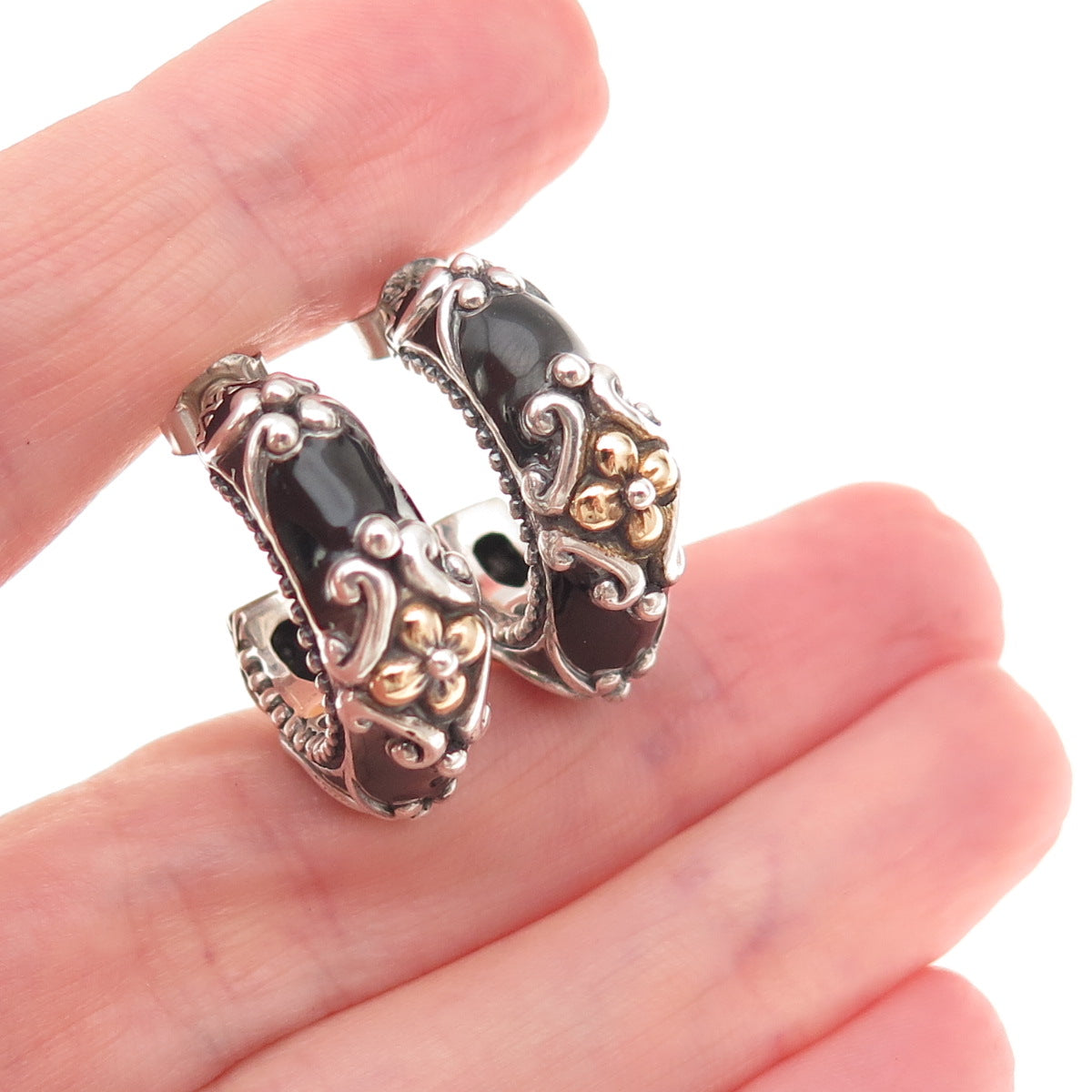 Barbara Bixby 925 Sterling Silver 18K Gold Enamel Floral Hoop Earrings