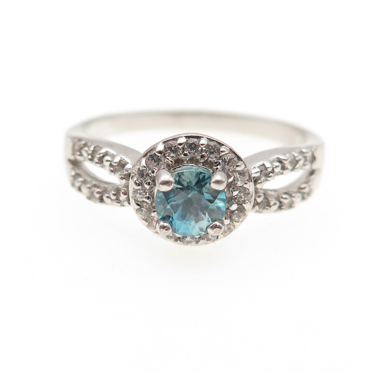 925 Sterling Silver Real Round-Cut Blue Topaz & C Z Ring Size 9