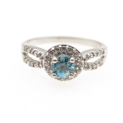 925 Sterling Silver Real Round-Cut Blue Topaz & C Z Ring Size 9