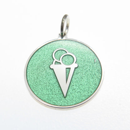 925 Sterling Silver Green Enamel Ice Cream Round Tag Minimalist Charm Pendant