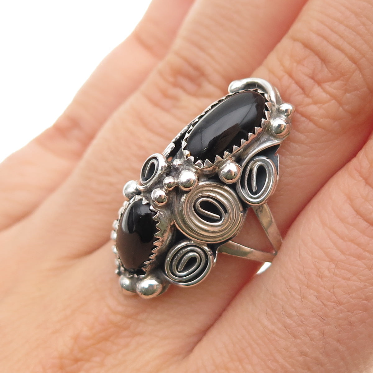 Old Pawn 925 Sterling Silver Vintage Southwestern Black Onyx Feather Ring Size 8