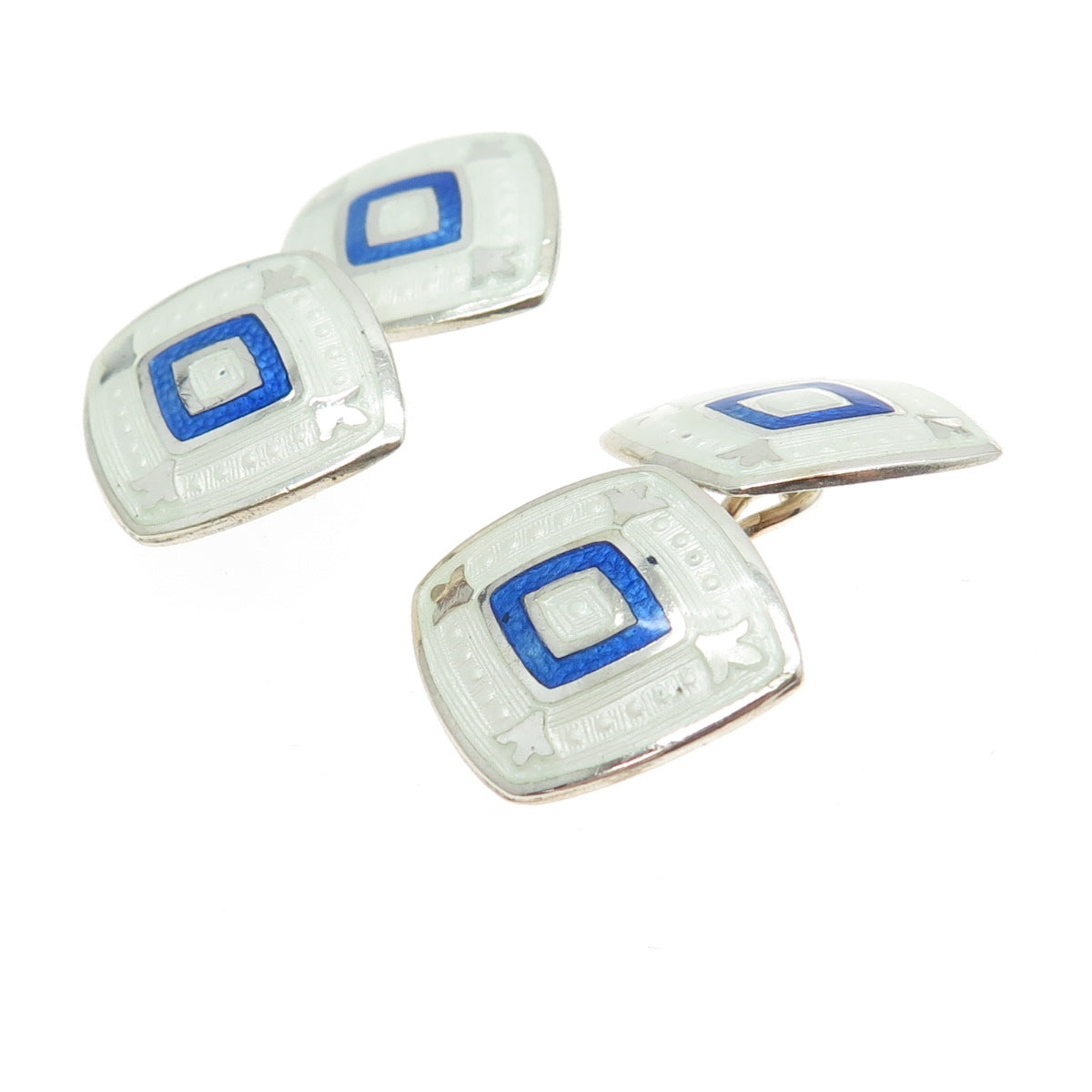 925 Sterling Silver Antique Art Deco Enamel Engraved Cufflinks