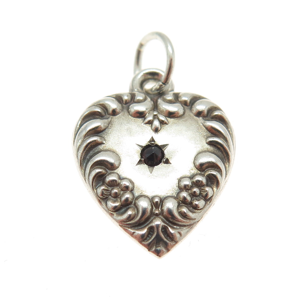 925 Sterling Silver Antique Art Deco Real Red Garnet Chatelaine Heart Pendant