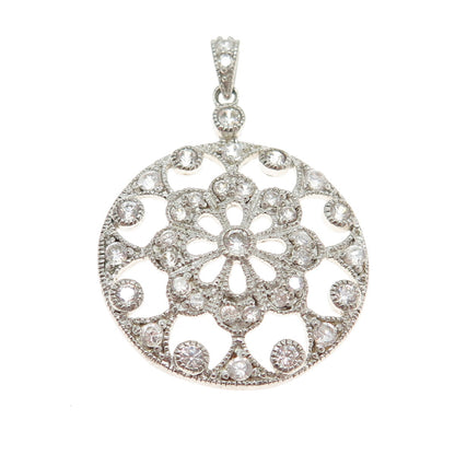 925 Sterling Silver Round-Cut C Z Flower Ornate Pendant