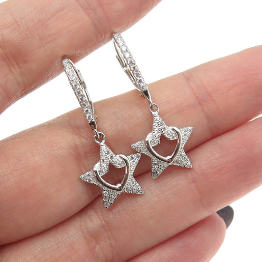 925 Sterling Silver Pave C Z Star Dangling Earrings