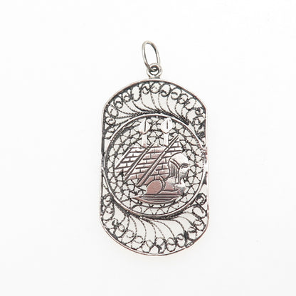 925 Sterling Silver Vintage Egyptian Pharaoh & Pyramid Filigree Charm Pendant