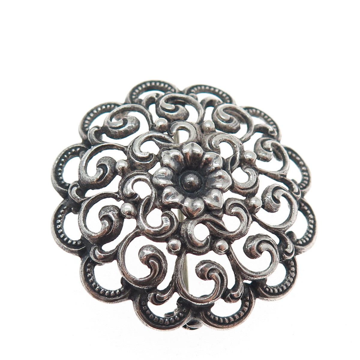 800 Silver Antique European Flower Swirl Oxidized Pin Brooch