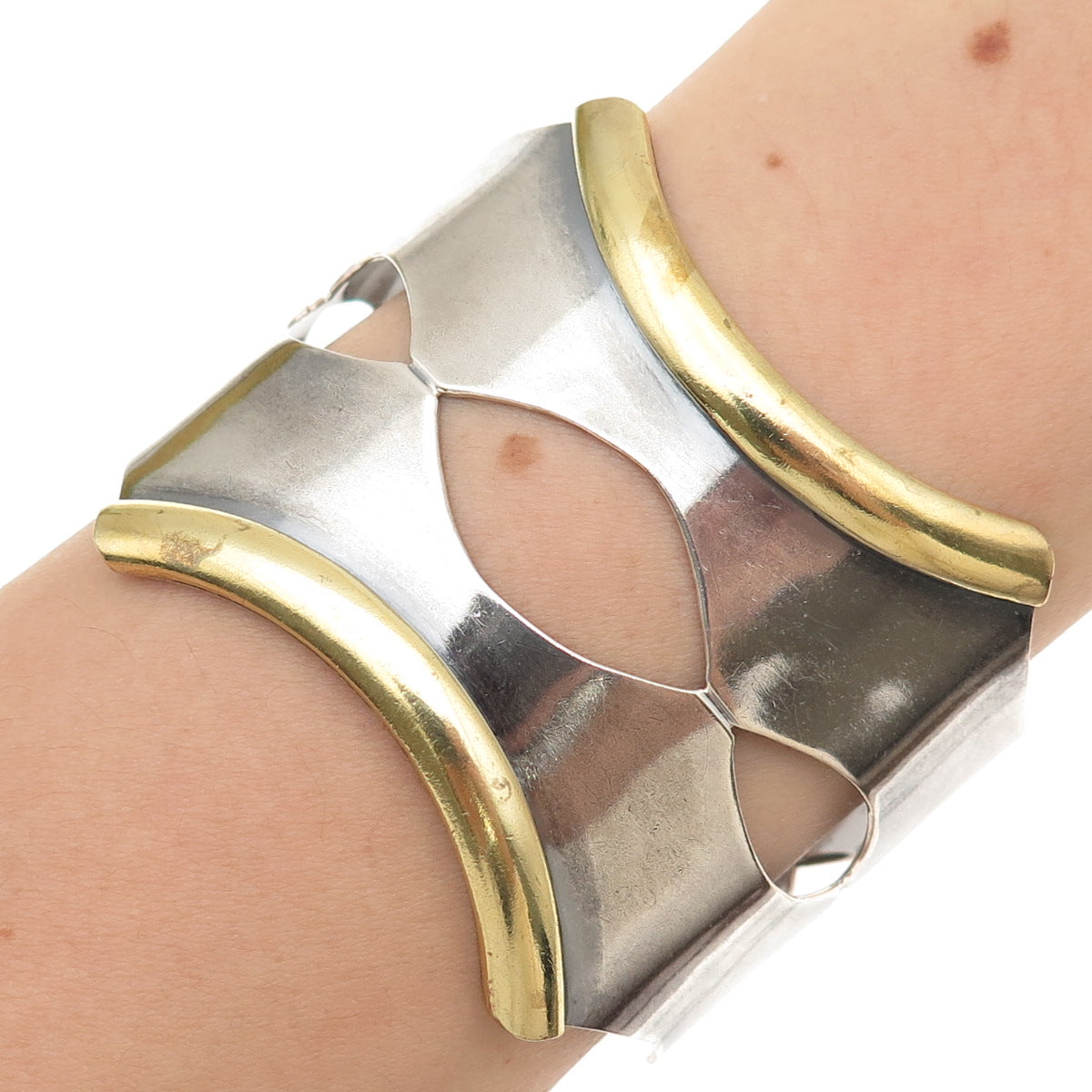 925 Sterling Silver 2-Tone Vintage Mexico Modernist Adjustable Bracelet 6.75"