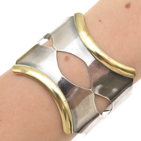 925 Sterling Silver 2-Tone Vintage Mexico Modernist Adjustable Bracelet 6.75"