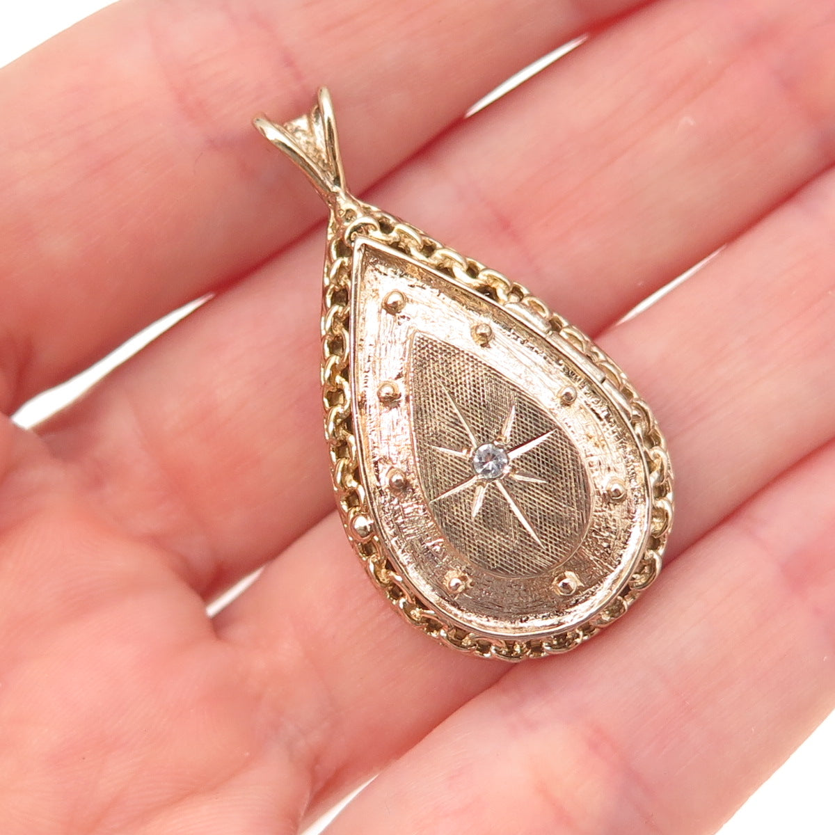 925 Sterling Silver Gold Plated Vintage Rhinestone Teardrop Locket Charm Pendant