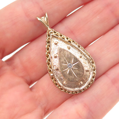925 Sterling Silver Gold Plated Vintage Rhinestone Teardrop Locket Charm Pendant