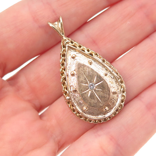 925 Sterling Silver Gold Plated Vintage Rhinestone Teardrop Locket Charm Pendant